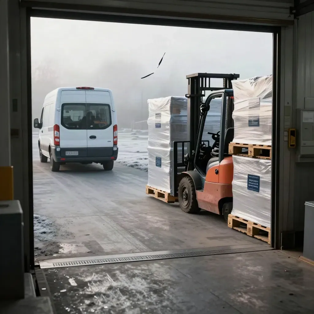Cold loading bay with van, forklift, pallets and route markers in morning haze.