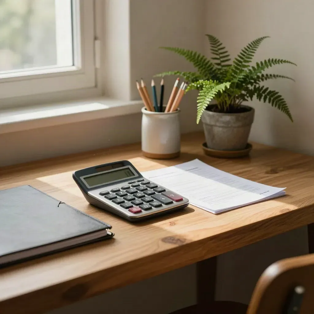 Calculator, binder, pencil cup and fern in a cozy sunlit office nook.