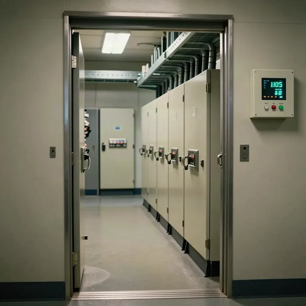 Empty electrical room doorway with breaker panels, cable trays, and a turned energy display.