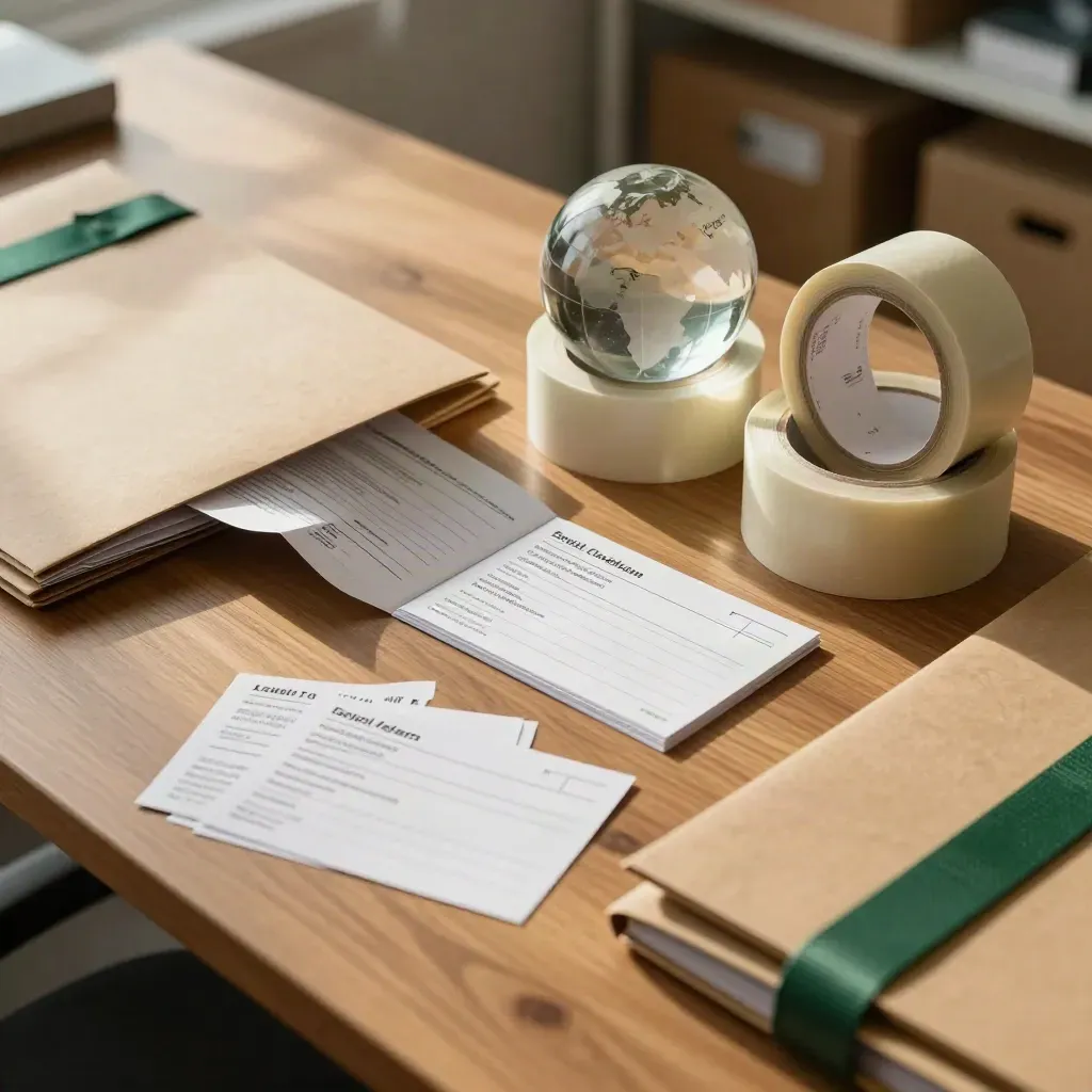 Logistics planning table with carton labels, tape rolls, paperweight and address cards in morning light