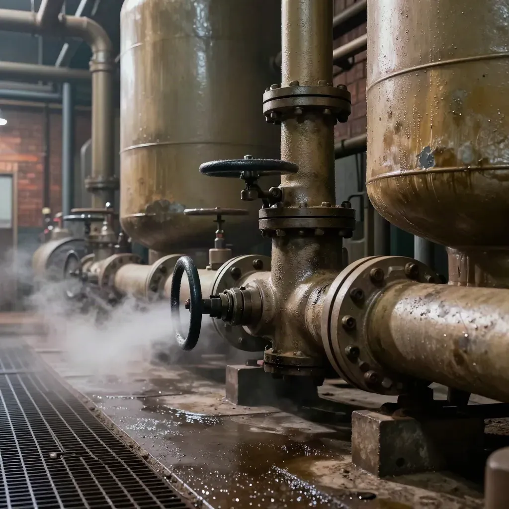 Steam pulsing in a boiler house, close on insulated pipes, valves, and heat-browned brickwork.