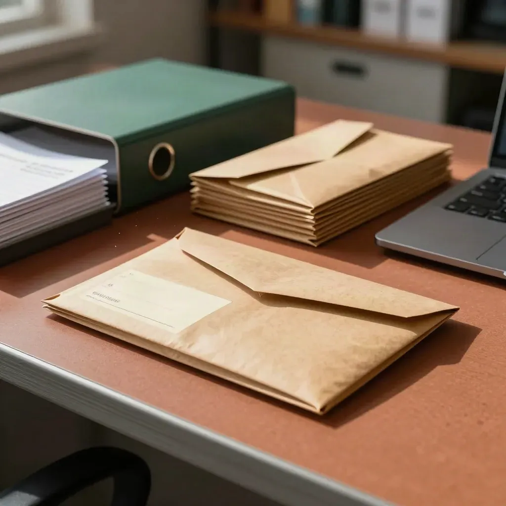 Sealed supplier mail on a desk beside a closed laptop, lit by soft window light.