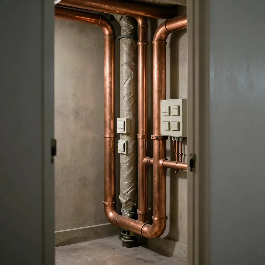Quiet utility cupboard with copper pipes and pale switches, lit by warm raking light.